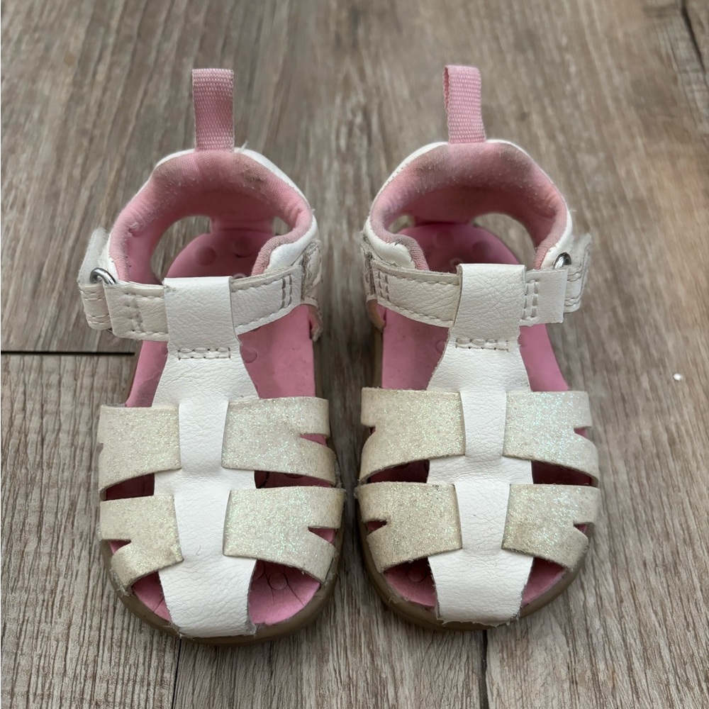 Carter's White and Pink Glitter T-Strap Sandals